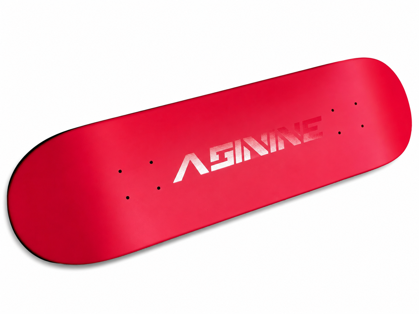 Satin-finished red Asinine Skateboards deck with a high-gloss logo, highlighting the smooth, low-glare finish.